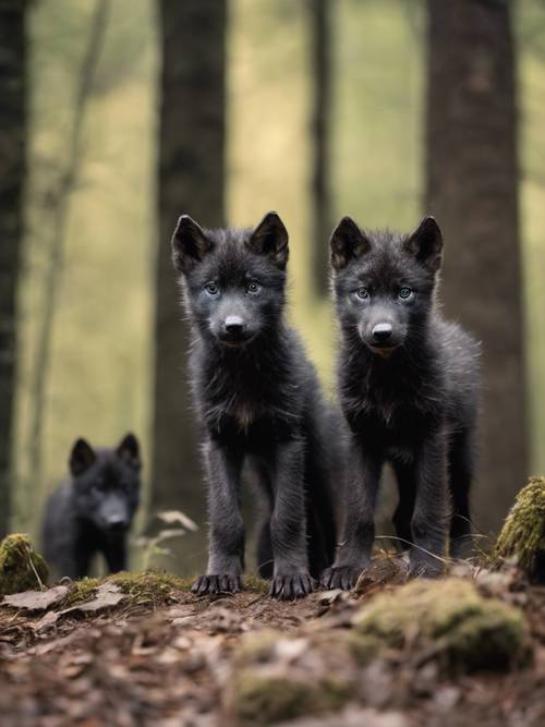 Three black wolf cubs exploring their new surroundings, with dense forest in the background.