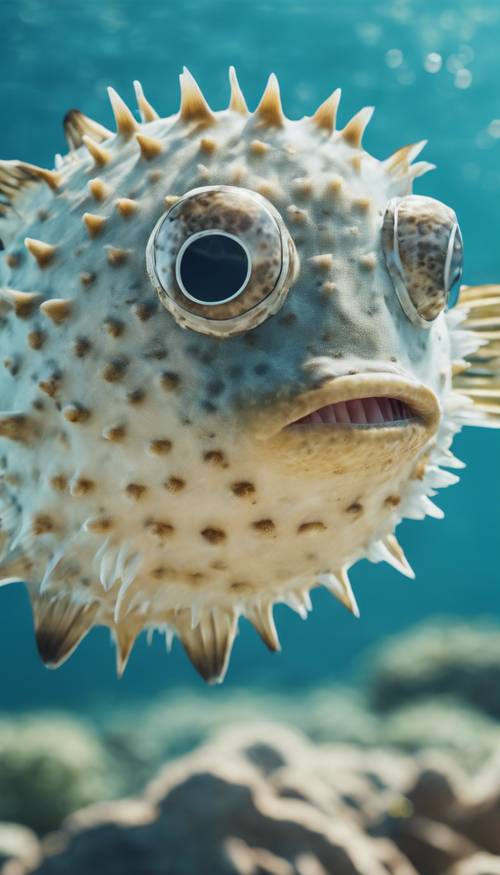 A quirky puffer fish blowing up defensively in a soft blue seascape.