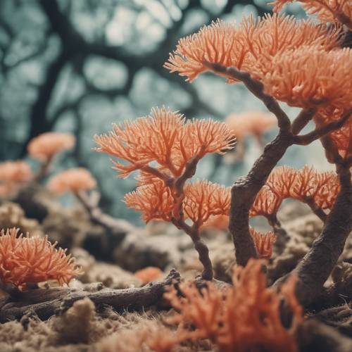 Uma cena surrealista onde as árvores têm pólipos de coral em vez de folhas.