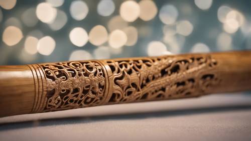 A carved bamboo flute with intricate designs