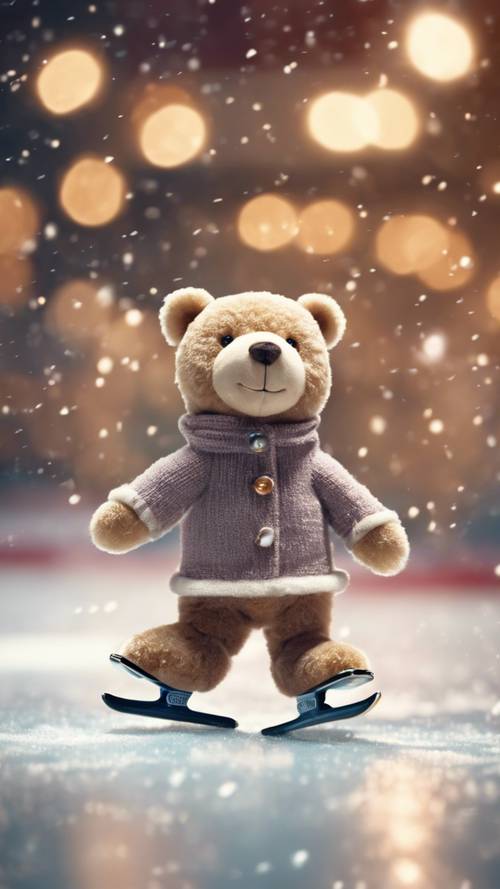 一隻泰迪熊溜冰者在閃閃發光的玩具溜冰場上優雅地滑行。