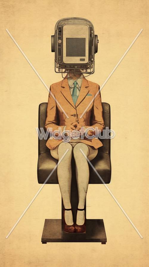 Testa TV vintage con uomo seduto con stile