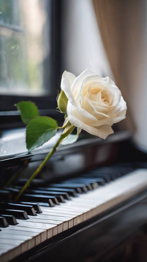 피아노 위에 하얀 장미 한 송이가 놓여 있고, 열린 창문 바람에 꽃잎이 흩날리고 있습니다.