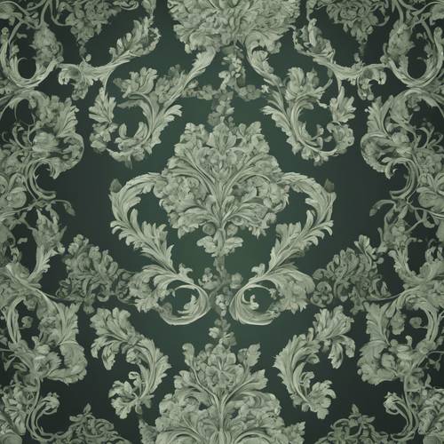An ornate Baroque pattern in velvety sage green against a rich charcoal background.