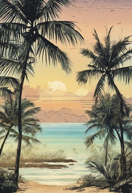 这是 20 世纪探险家日记中的一张破旧插图，描绘的是一座长满高大棕榈树的热带岛屿。