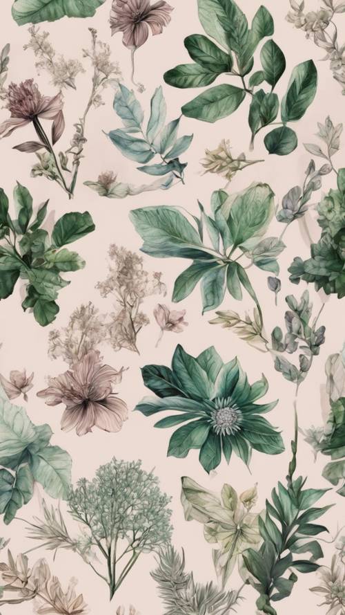 Muster aus detaillierten, nahtlos angeordneten botanischen Illustrationen.
