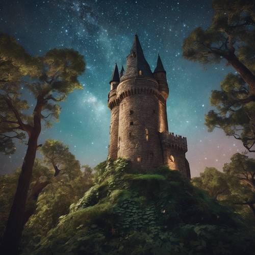 一座城堡塔楼隐约可见一片奇异的森林，背景是繁星点点的夜晚。