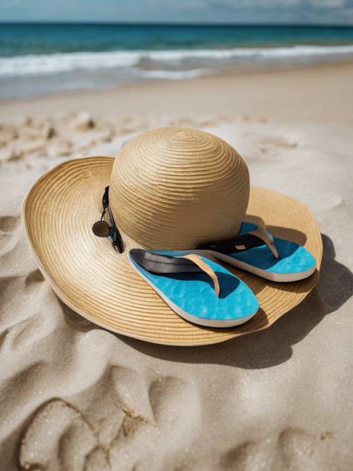 Sepasang sandal jepit dan topi matahari tertinggal di pantai bulan Juli yang berpasir keemasan, dengan latar belakang laut biru.