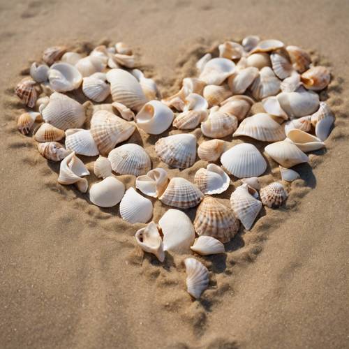 Beige and white seashells arranged in a heart shape on soft, sandy beach.