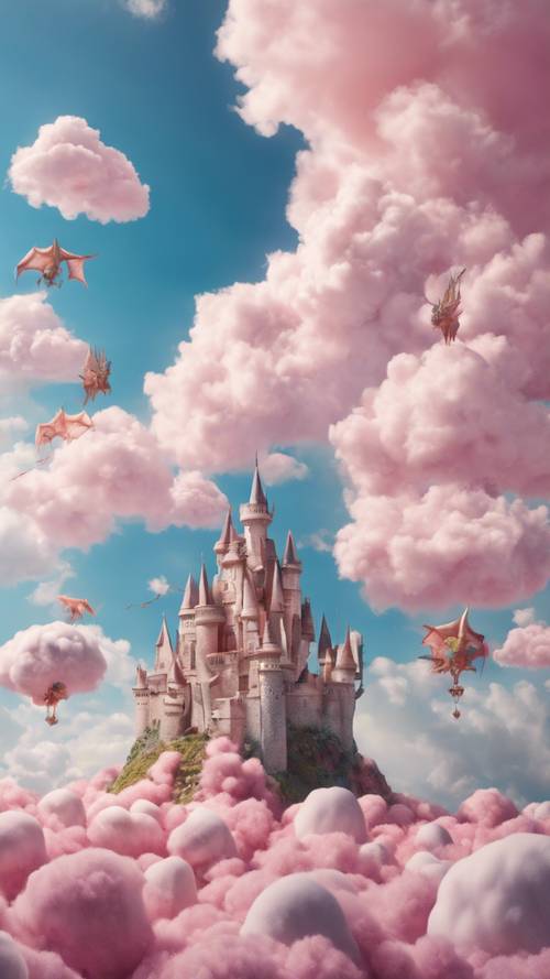 A castle floating in the sky above fluffy, cotton-candy-like clouds surrounded by a huddle of playful, magical dragons.