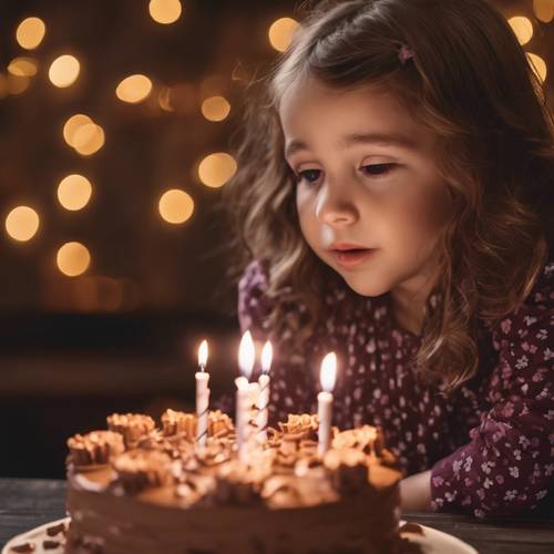 Uma adorável garota comemorando seu aniversário, soprando alegremente as velas de um bolo de chocolate gigante.