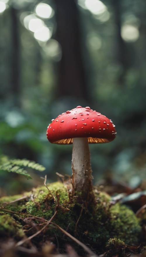 Yemyeşil bir ormanda küçük, sevimli bir kırmızı mantar.