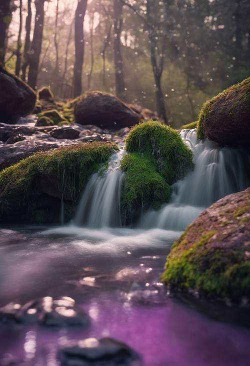 Gentle springs of water cascading over mossy rocks under the hazy purple sky. Tapet [bcd3966b04a648adb8a8]