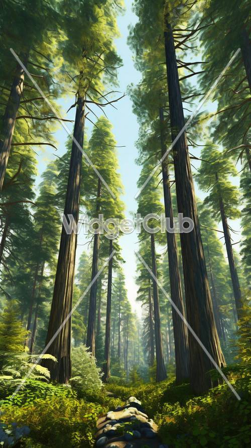 Высокие деревья и солнечный свет, струящийся через лес