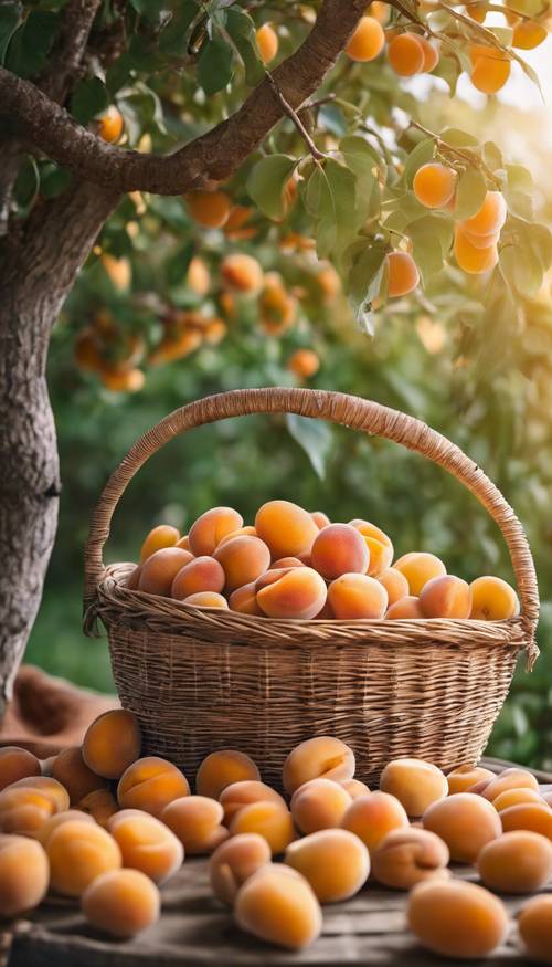 A basket full of fresh apricots with a garden background in early morning.