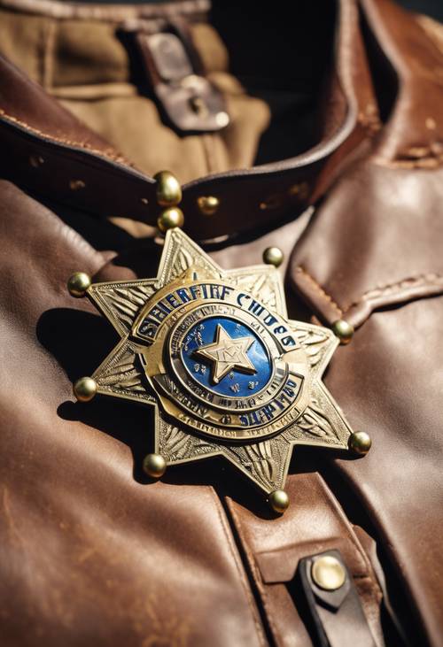 A sheriff's badge shining brightly against a worn leather vest