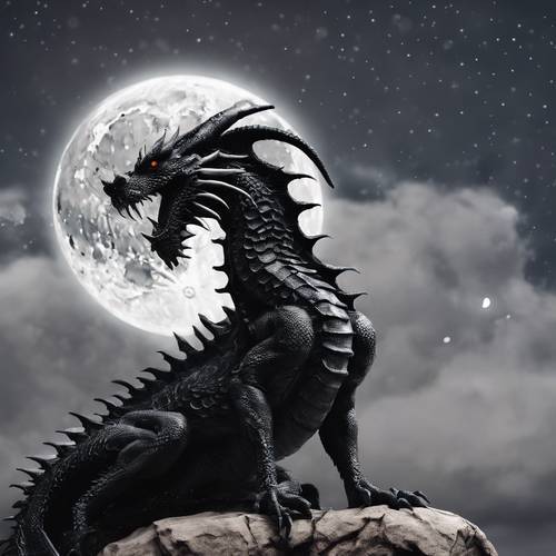 Một con rồng đen đang nhìn chằm chằm vào vầng trăng tròn màu trắng.