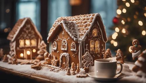 Une boulangerie de Noël accueillante avec des maisons en pain d&#39;épices fraîches, des biscuits festifs et du chocolat chaud exposés. Fond d&#39;écran [893dbb33884046f1a65d]