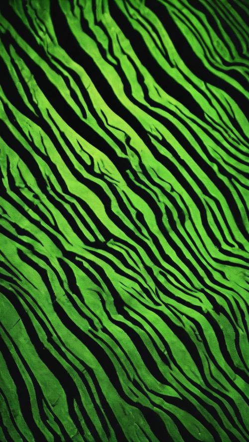 Vivid fluorescent green zebra stripes on a black canvas