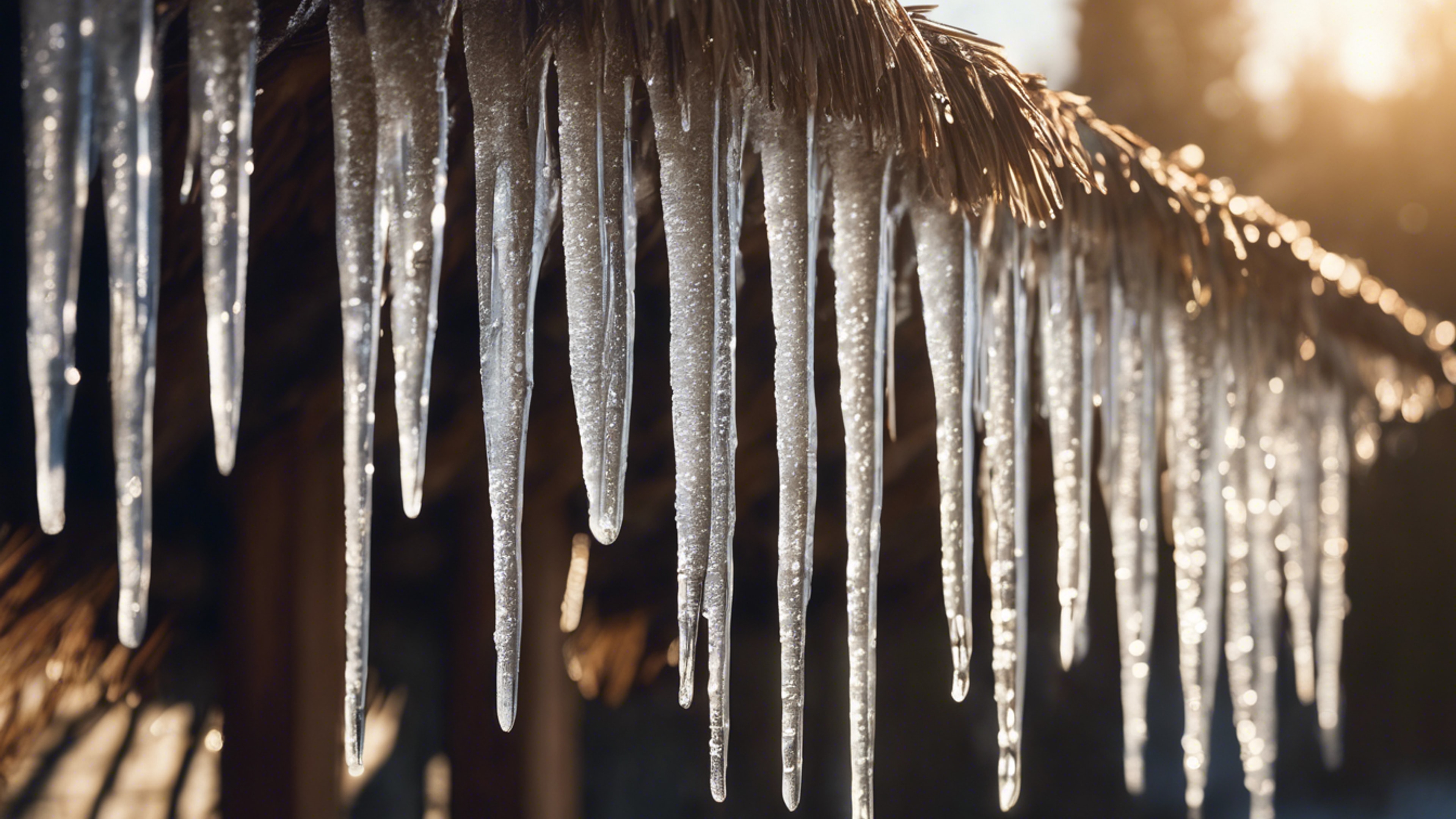 An array of icicles hanging from a thatched roof, with each one catching the soft rays of the winter sun. Wallpaper[99d61ea78148406d9988]