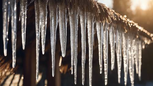 Una serie di ghiaccioli pendono da un tetto di paglia, ognuno dei quali cattura i morbidi raggi del sole invernale.