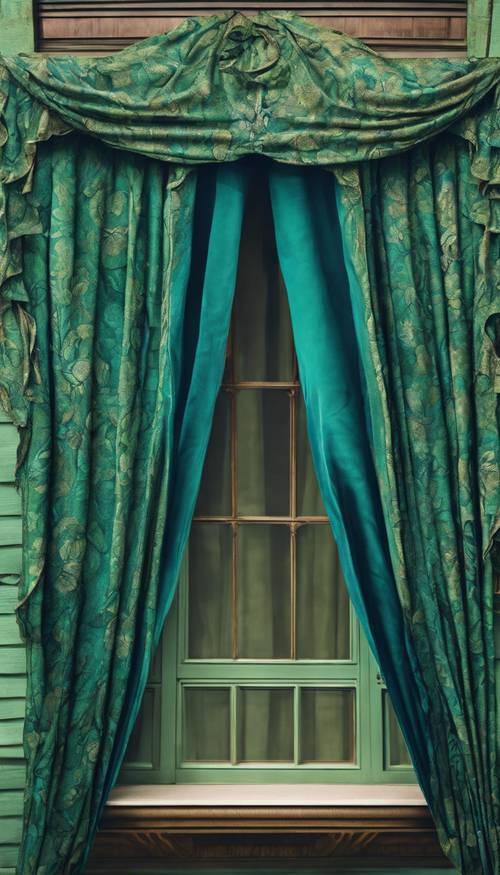 A curtain draped over a window, detailed with an art nouveau floral pattern in emerald green and sapphire blue. Tapeta [1de40545cf244cf49618]