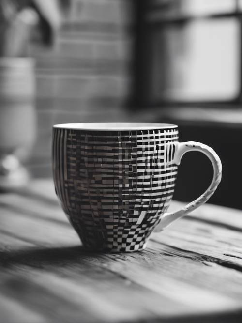 Uma foto próxima de uma caneca de café xadrez preto e branco sobre uma mesa de madeira.