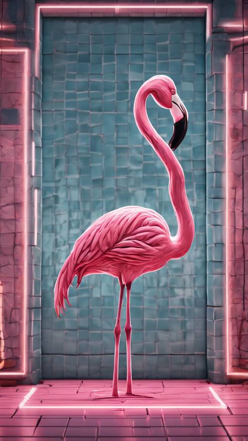 Um sinal de néon de flamingo rosa contra uma parede de azulejos retrô azul legal.