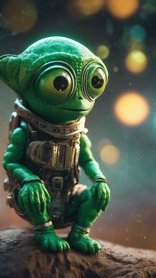 Une petite créature extraterrestre verte extrêmement mignonne aux yeux pétillants, regardant une planète depuis son petit vaisseau spatial.
