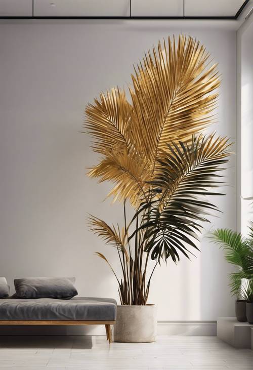 Ein einzelnes, auffälliges goldenes Palmblatt vor dem Hintergrund eines modernen, minimalistischen Raumes.