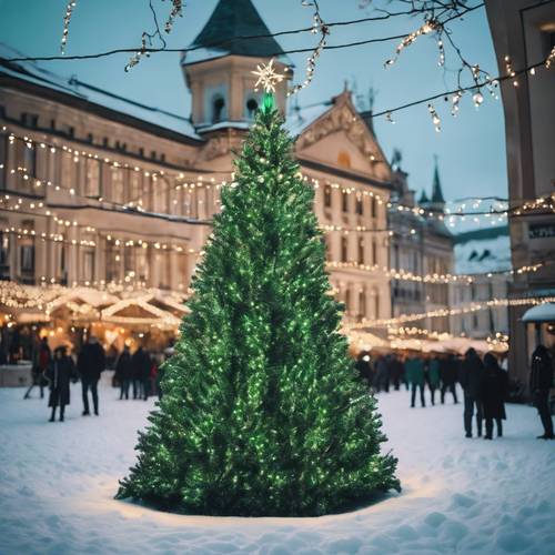 Зеленые рождественские огни освещают заснеженную городскую площадь с высокой праздничной елкой.