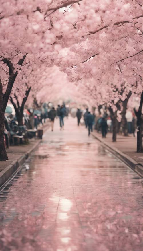 An abstract interpretation of a cityscape under the cherry blossoms in pastel tones. Tapet [9a30c5188ede4b49aeac]
