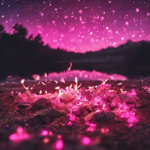 夏の夜に浮かぶピンク色の輝く火花夏の夜を彩るピンク色の火花