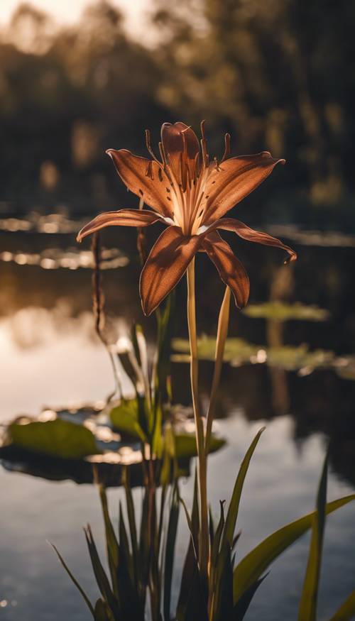 Um lírio marrom contra um lago, banhado pelo suave brilho da noite.