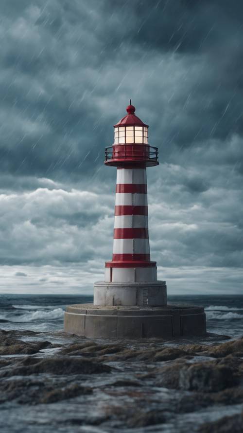 Samotna, miniaturowa latarnia morska na wzburzonym wybrzeżu, pomalowana na niebiesko w białe paski.