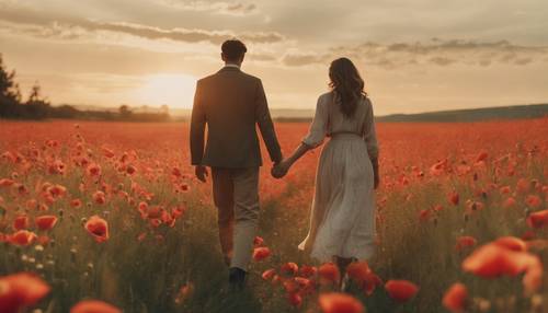 Sebuah foto vintage dari pasangan berjalan bergandengan tangan di padang rumput yang dipenuhi bunga opium saat matahari terbenam.