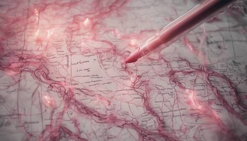Chamas rosadas fantasmagóricas lambendo levemente um mapa vintage desenhado à mão.