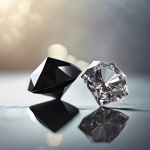 柔和的背景中，一顆黑色鑽石與一顆光芒四射的白鑽相映成趣。