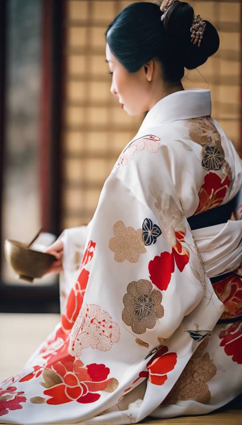 Wyrazisty obraz białego eleganckiego kimona z misternymi kwiatowymi wzorami, prezentowanego podczas tradycyjnej japońskiej ceremonii parzenia herbaty.