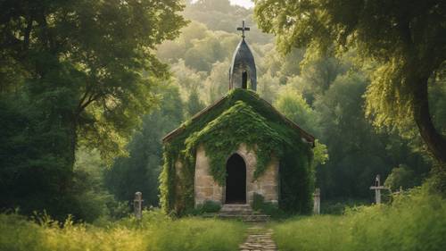 A solitary chapel standing humble and serene amidst the lush greenery of the French country.