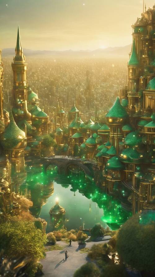 An emerald city shimmering in a golden mist within a dreamland.
