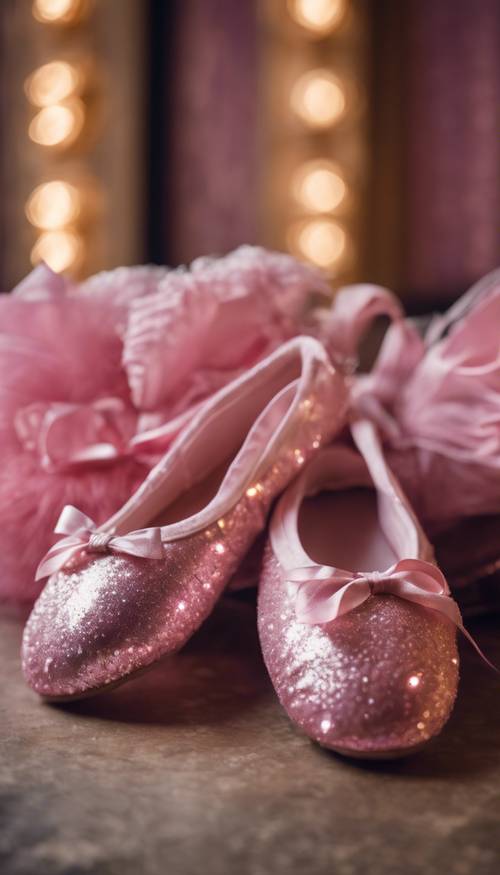 Des chaussons de ballet roses scintillants attendent dans les coulisses d&#39;un grand vieux théâtre&quot;.