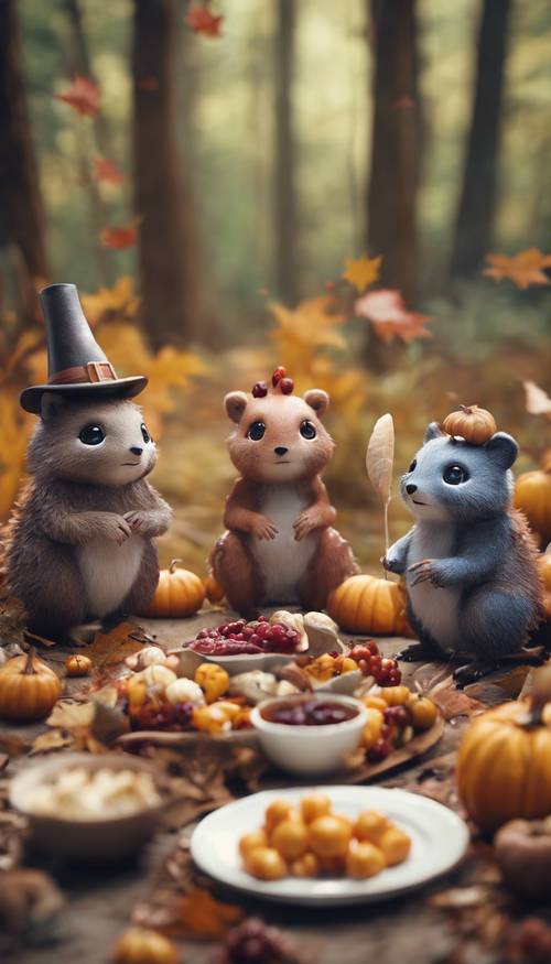 Four mysterious but cute(kawaii) forest creatures setting up their own Thanksgiving feast.