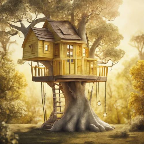 Açık sarı bir ağaç evini gösteren ilginç bir çocuk kitabı kapağı.