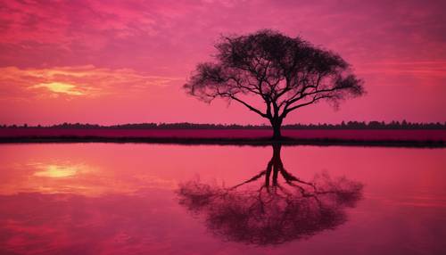 Dataran merah muda di bawah matahari terbenam yang merah membara dengan siluet sebatang pohon.