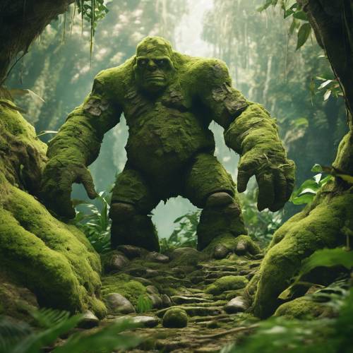 A gargantuan, moss-covered golem lumbering through an emerald jungle, birds nesting in the crevices of its stony body.