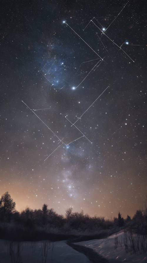 Um céu noturno estrelado mostrando a brilhante constelação de Orion com seu proeminente cinturão de três estrelas.