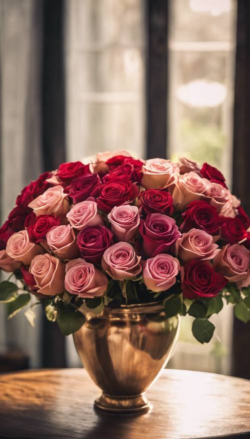 Ein atemberaubender Strauß luxuriöser Rosen in verschiedenen Rot- und Rosatönen auf einem edlen antiken Holztisch.