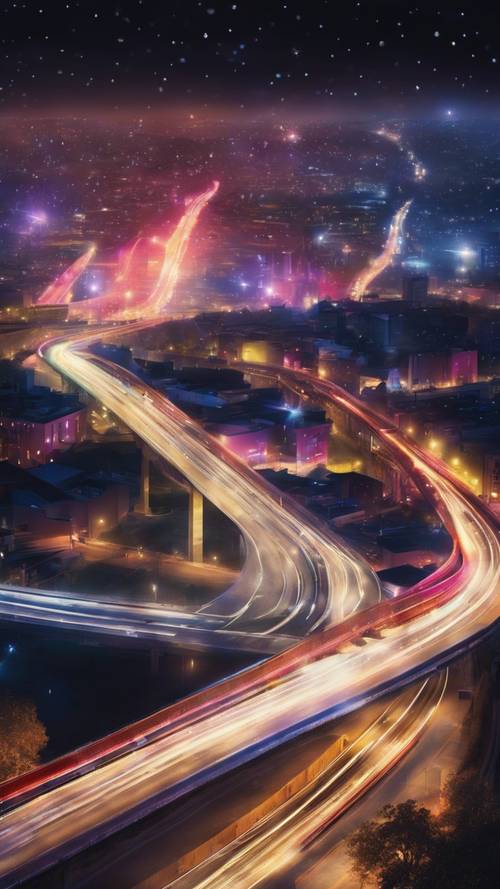 在色彩绚丽的夜空下，一条光亮的高速公路在城市中划出一条光带。