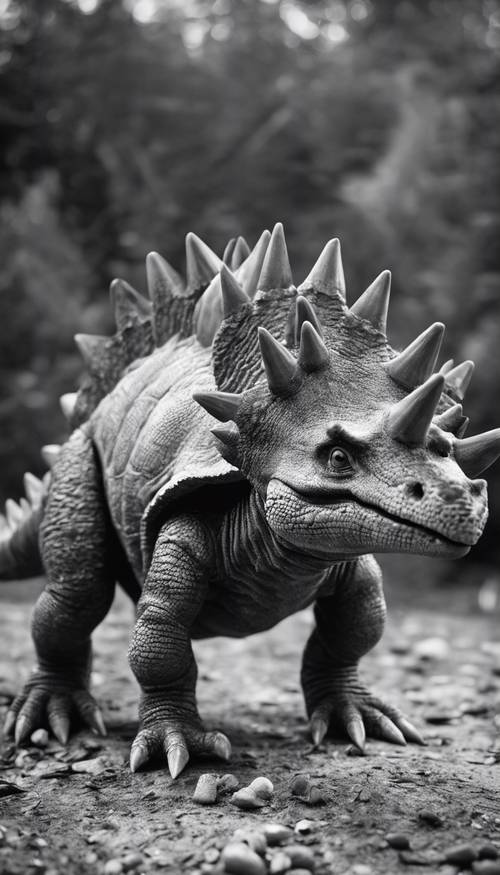 Hình ảnh đơn sắc đen trắng chụp một con Stegosaurus đứng một mình vào cuối kỷ Jura.